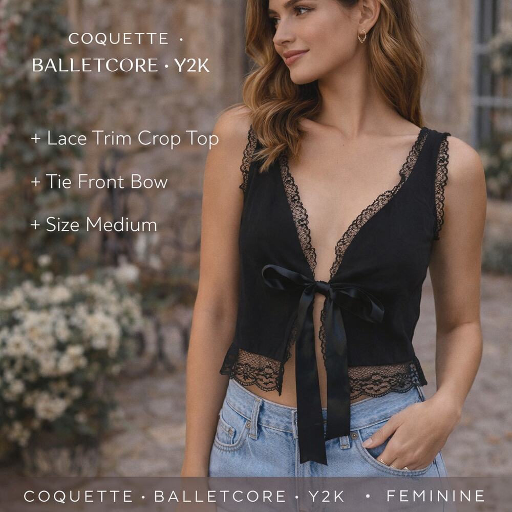 Womens Top Black Lace Trim Tie Front Crop Bow Coquette Camisole M Festival